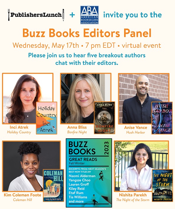 event flyer showing five featured authors and their book covers